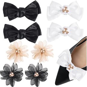 Coiris 4 Pairs Shoe Clips for Women Dress Shoes Rhinestone Flowers Black White Peal Bow Shoe Clips Pearl Exquisite Shoe Charms Lace Floral Shoe Accessory for Wedding Pointed Toe Pumps