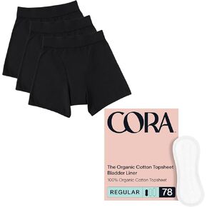 Cora Organic Feminine Care | Period Underwear, Sleep Short High Waist Style, Leak Proof Menstrual Panties, 3 Small Black Pairs along with 78 Regular Panty Liners | Bundle Pack