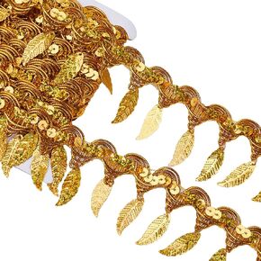 GORGECRAFT 10 Yards Metallic Braided Round Coin Shape Sequin Leaf Tassel Trim Gold Centipede Fringe Lace Ribbon for Wedding Party Dance Dress Sewing Garments Belt Halt Decoration Crafts