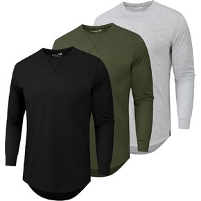 TEZO Mens 3 Pack Cotton Plain T Shirts Crew Neck Long Sleeve Casual Tee Shirts Hipster Hip Hop Longline Gym Workout Shirts