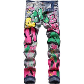 Nutriangee Men's Graffiti Hip Hop Jeans, Ripped Skinny Distressed Destroyed Slim Fit Stretch Casual Printed Pants