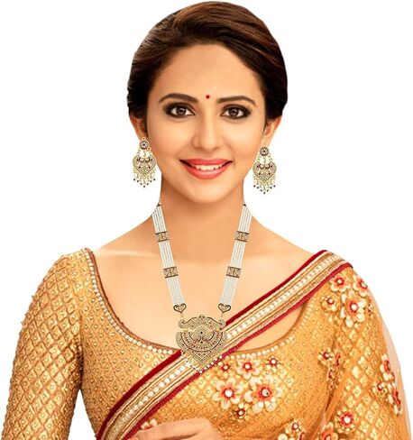 HASHONE Peacock Design White & Golden Pearl Long Necklace With Matching Earrings For Women in Saudi Arabia