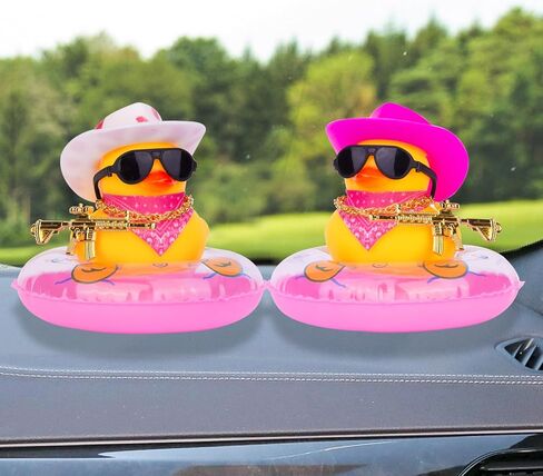 رعاة البقر بطة لوحة القيادة سيارة الديكور السباحة الدائري سيارة المطاط بطة الديكور الملحقات مع حلقة السباحة الصغيرة قبعة رعاة البقر وشاح قلادة والنظارات الشمسية (نظارات شمسية سوداء - قبعة Pink_White) in Kuwait
