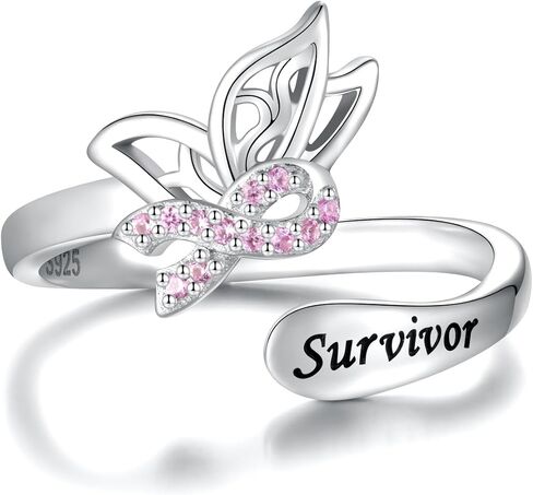 MANBU Sterling Silver Butterfly Breast Cancer Awareness Pink Ribbon Ring with CZ Survivor Encouragement Jewelry Gifts for Women Breast Cancer Fighters in Kuwait