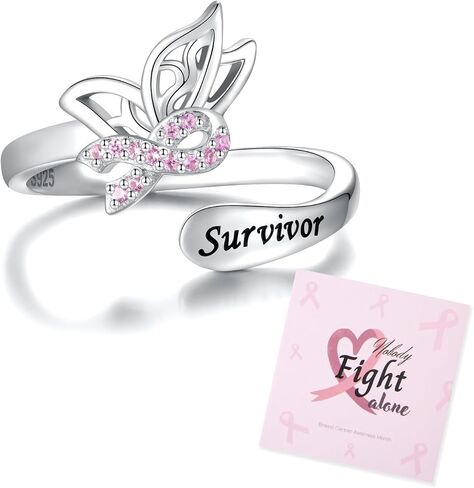 MANBU Sterling Silver Butterfly Breast Cancer Awareness Pink Ribbon Ring with CZ Survivor Encouragement Jewelry Gifts for Women Breast Cancer Fighters in Kuwait