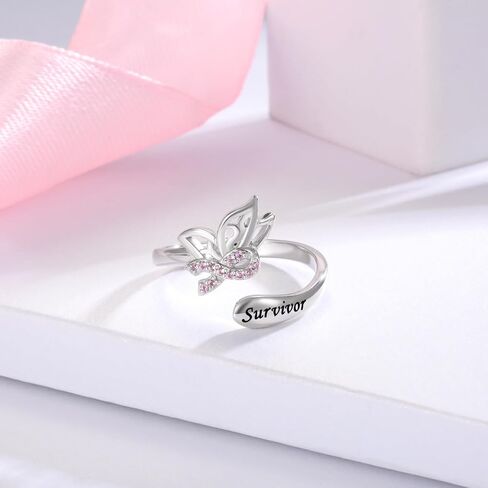MANBU Sterling Silver Butterfly Breast Cancer Awareness Pink Ribbon Ring with CZ Survivor Encouragement Jewelry Gifts for Women Breast Cancer Fighters in Kuwait