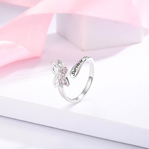 MANBU Sterling Silver Butterfly Breast Cancer Awareness Pink Ribbon Ring with CZ Survivor Encouragement Jewelry Gifts for Women Breast Cancer Fighters in Kuwait