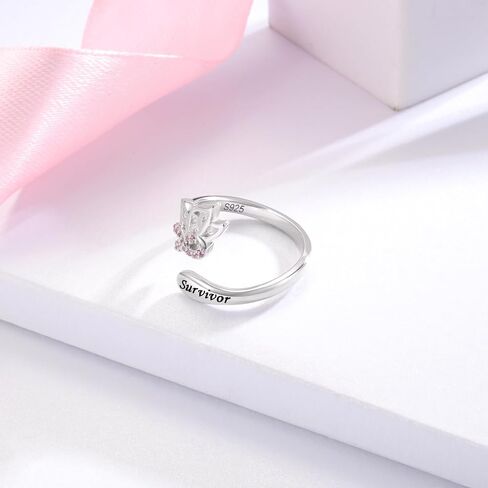 MANBU Sterling Silver Butterfly Breast Cancer Awareness Pink Ribbon Ring with CZ Survivor Encouragement Jewelry Gifts for Women Breast Cancer Fighters in Kuwait