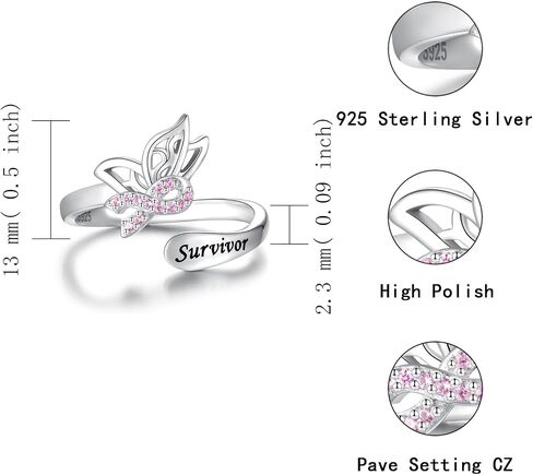 MANBU Sterling Silver Butterfly Breast Cancer Awareness Pink Ribbon Ring with CZ Survivor Encouragement Jewelry Gifts for Women Breast Cancer Fighters in Kuwait