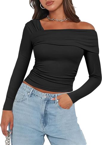 Women's One Off The Shoulder Top - Short Sleeve Ruched Going Out Crop Top Slim Fit Y2K T Shirt in Saudi Arabia