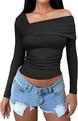 Women's One Off The Shoulder Top - Short Sleeve Ruched Going Out Crop Top Slim Fit Y2K T Shirt in Saudi Arabia
