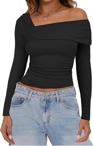 Women's One Off The Shoulder Top - Short Sleeve Ruched Going Out Crop Top Slim Fit Y2K T Shirt in Saudi Arabia