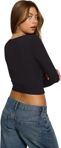 REORIA Double Lined Shirts for Women 2024 Fall Fashion Square Neck Basics Y2K Tops Layering Slim Fitted Top in Saudi Arabia