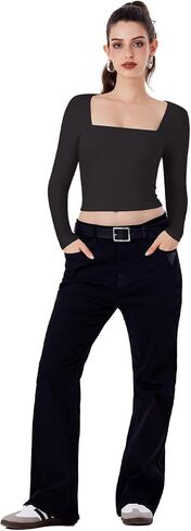 REORIA Double Lined Shirts for Women 2024 Fall Fashion Square Neck Basics Y2K Tops Layering Slim Fitted Top in Saudi Arabia