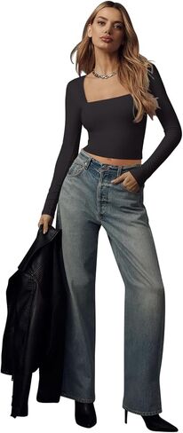 REORIA Double Lined Shirts for Women 2024 Fall Fashion Square Neck Basics Y2K Tops Layering Slim Fitted Top in Saudi Arabia