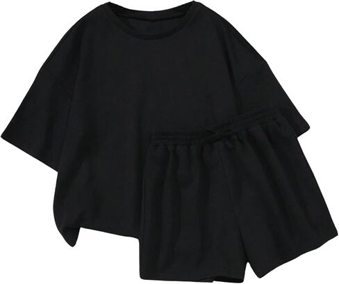 Girl's 2 Piece Outfits Drop Shoulder Short Sleeve Tee Shirt and Track Shorts Sets Summer Cute Clothes in Saudi Arabia