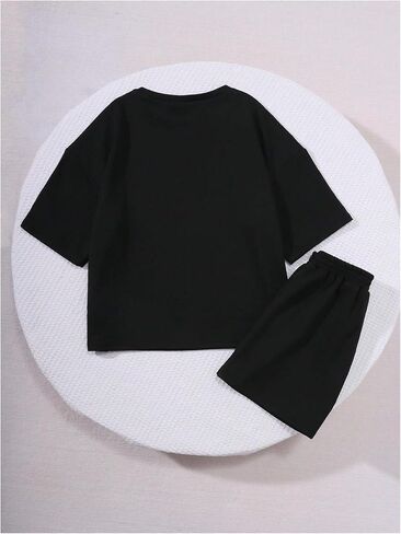 Girl's 2 Piece Outfits Drop Shoulder Short Sleeve Tee Shirt and Track Shorts Sets Summer Cute Clothes in Saudi Arabia
