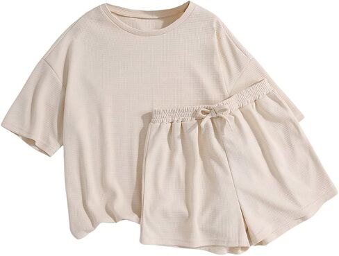 Girl's 2 Piece Outfits Drop Shoulder Short Sleeve Tee Shirt and Track Shorts Sets Summer Cute Clothes in Saudi Arabia