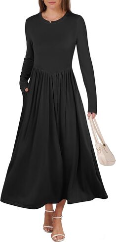 فستان نسائي متوسط ​​الطول بأكمام طويلة من ANRABESS لخريف 2024، فساتين محبوكة غير رسمية ذات ثنيات رفيعة مع جيوب in Kuwait