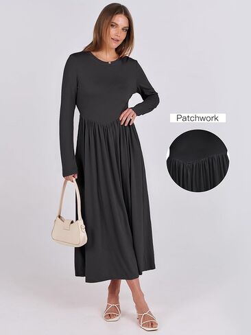 فستان نسائي متوسط ​​الطول بأكمام طويلة من ANRABESS لخريف 2024، فساتين محبوكة غير رسمية ذات ثنيات رفيعة مع جيوب in Kuwait