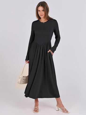 فستان نسائي متوسط ​​الطول بأكمام طويلة من ANRABESS لخريف 2024، فساتين محبوكة غير رسمية ذات ثنيات رفيعة مع جيوب in Kuwait