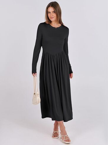 فستان نسائي متوسط ​​الطول بأكمام طويلة من ANRABESS لخريف 2024، فساتين محبوكة غير رسمية ذات ثنيات رفيعة مع جيوب in Kuwait