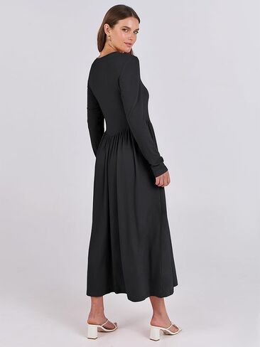 فستان نسائي متوسط ​​الطول بأكمام طويلة من ANRABESS لخريف 2024، فساتين محبوكة غير رسمية ذات ثنيات رفيعة مع جيوب in Kuwait