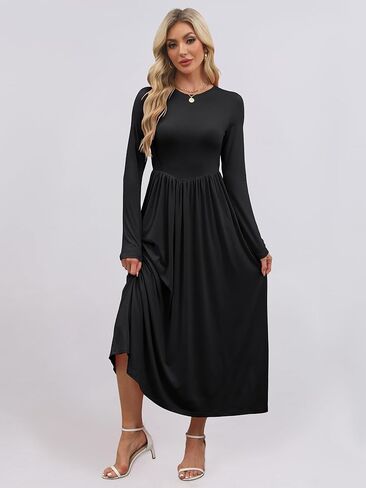 فستان نسائي متوسط ​​الطول بأكمام طويلة من ANRABESS لخريف 2024، فساتين محبوكة غير رسمية ذات ثنيات رفيعة مع جيوب in Kuwait