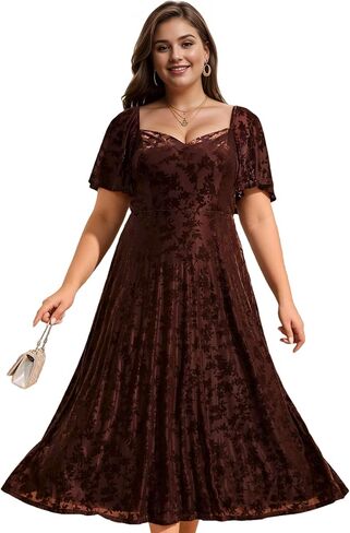 Ever-Pretty Plus Womens Sweetheart Neckline Fall Velvet Plus Size Tea Length Causal Wedding Guest Dress with Sleeves 02271-DA in Saudi Arabia