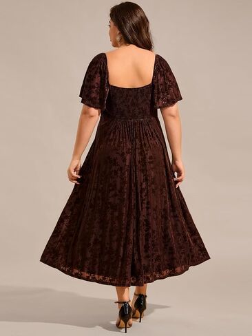 Ever-Pretty Plus Womens Sweetheart Neckline Fall Velvet Plus Size Tea Length Causal Wedding Guest Dress with Sleeves 02271-DA in Saudi Arabia
