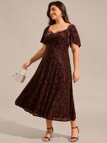 Ever-Pretty Plus Womens Sweetheart Neckline Fall Velvet Plus Size Tea Length Causal Wedding Guest Dress with Sleeves 02271-DA in Saudi Arabia