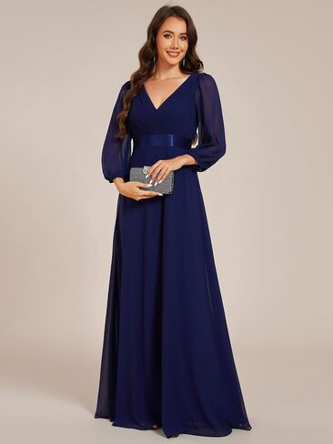 فستان نسائي طويل من Ever-Pretty شيفون على شكل حرف A طول الأرض ورقبة على شكل V وأكمام طويلة ومطويات 03890 in Kuwait