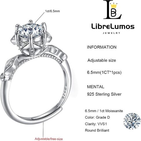 Adjustable Moissanite Rings for Women, Round Cut D Color VVS1 Clarity Lab Created Diamond Rings 925 Sterling Silver Plated with 18K White Gold Moissanite Engagement Rings for Women in Saudi Arabia