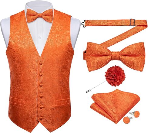 DiBanGu Silk Paisley Vest for Men Formal Suit Waistcoat and Bowtie Lapel Pin Set 7PCS Dress Vest for Suit or Tuxedo in Kuwait