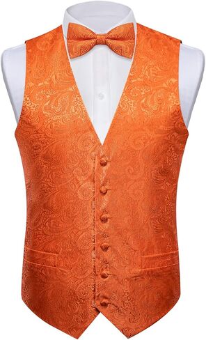 DiBanGu Silk Paisley Vest for Men Formal Suit Waistcoat and Bowtie Lapel Pin Set 7PCS Dress Vest for Suit or Tuxedo in Kuwait