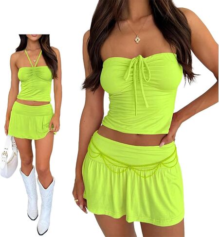 Women Sexy Summer 2 Piece Sets Drawstring Ruched Crop Tube Top Low Rise Ruffle Mini Skirts Sets Y2k Outfits in Saudi Arabia
