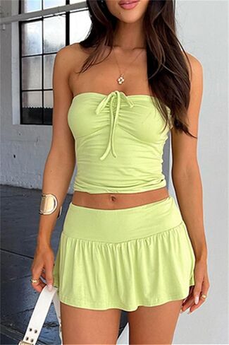 Women Sexy Summer 2 Piece Sets Drawstring Ruched Crop Tube Top Low Rise Ruffle Mini Skirts Sets Y2k Outfits in Saudi Arabia