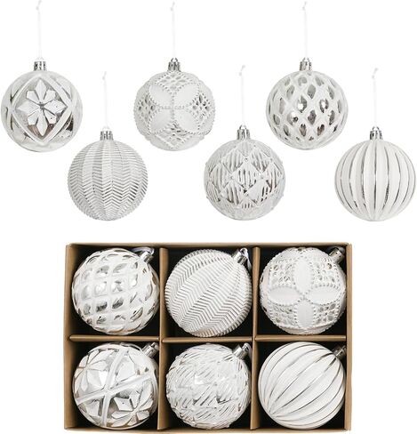 XmasExp Vintage Rustic Christmas Ball Ornaments Sets, 3.15" Plastic Farmhouse Distressed Tree Decorations Shatterproof Antique Traditional Style Xmas Hanging Ornaments （White Gold, 6Pcs in Kuwait