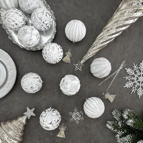 XmasExp Vintage Rustic Christmas Ball Ornaments Sets, 3.15" Plastic Farmhouse Distressed Tree Decorations Shatterproof Antique Traditional Style Xmas Hanging Ornaments （White Gold, 6Pcs in Kuwait