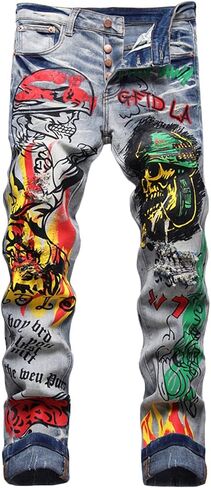 Nutriangee Men's Graffiti Hip Hop Jeans, Ripped Skinny Distressed Destroyed Slim Fit Stretch Casual Printed Pants in Saudi Arabia
