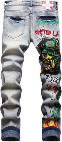 Nutriangee Men's Graffiti Hip Hop Jeans, Ripped Skinny Distressed Destroyed Slim Fit Stretch Casual Printed Pants in Saudi Arabia