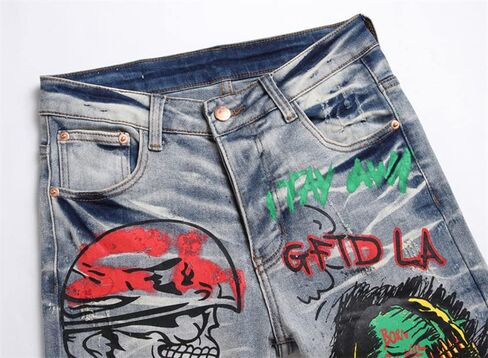 Nutriangee Men's Graffiti Hip Hop Jeans, Ripped Skinny Distressed Destroyed Slim Fit Stretch Casual Printed Pants in Saudi Arabia