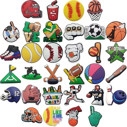 WOCATS 32 pcs Shoe Charms about Sports,Basketball,Football,Baseball,Soccer,Volleyball,Cats and Dogs Pets Clogs Shoe Decoration Charms Perfect cute gifts to family,friends,boys girls kids,teens,men women adults in Saudi Arabia