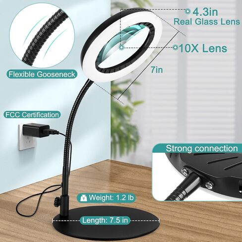 10X Magnifying Glass with Light and Stand, Flexible Gooseneck Magnifying Desk Lamp, 5 Color Modes Stepless Dimmable, Hands Free LED Lighted Magnifier for Painting Crafts Hobby Sewing Close Work in Saudi Arabia