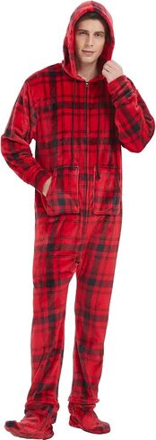 Adult Onesie Pajamas for Men Cozy Flannel Buffalo Plaid Family Mens Christmas Pjs with Footed Hoodie Unisex Outfits in Saudi Arabia