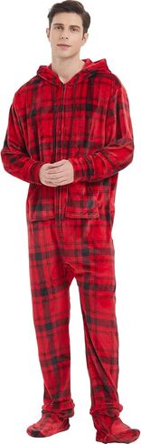 Adult Onesie Pajamas for Men Cozy Flannel Buffalo Plaid Family Mens Christmas Pjs with Footed Hoodie Unisex Outfits in Saudi Arabia