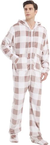 Adult Onesie Pajamas for Men Cozy Flannel Buffalo Plaid Family Mens Christmas Pjs with Footed Hoodie Unisex Outfits in Saudi Arabia