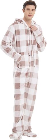 Adult Onesie Pajamas for Men Cozy Flannel Buffalo Plaid Family Mens Christmas Pjs with Footed Hoodie Unisex Outfits in Saudi Arabia