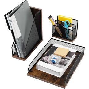 Vintage Wood & Mesh Office Supplies 3 Piece Set- Letter Tray, Magazine File Holder, Pen Holder and Letter Sorter, Desktop Organizer Set Desk Decoration Accessories
