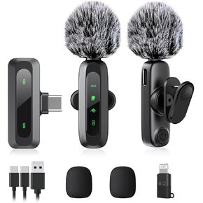 3 IN 1 Wireless Lavalier Microphones for iPhone/Android/Camera Devices(Lightning/USBC/3.5 mm Jack), 2 Pack Mini LED Display Lapel Mic with Mute/Reverb/Noise Reduction for TikTok/YouTube/Vlog Recording